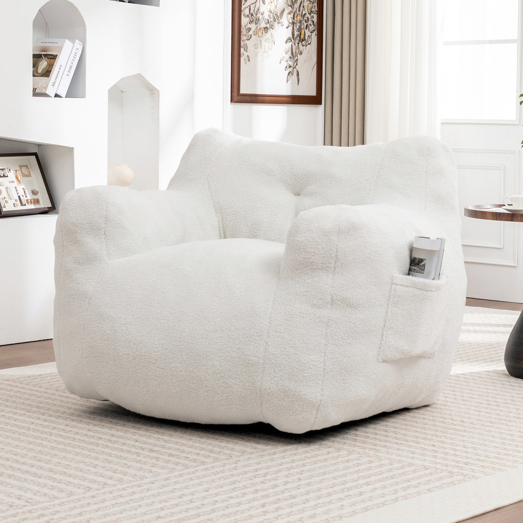 Oversized Bean Bag Chair with Side Pocket, Teddy Comfy Sofa with Arms, Removable Cover Chair for Living Room, White