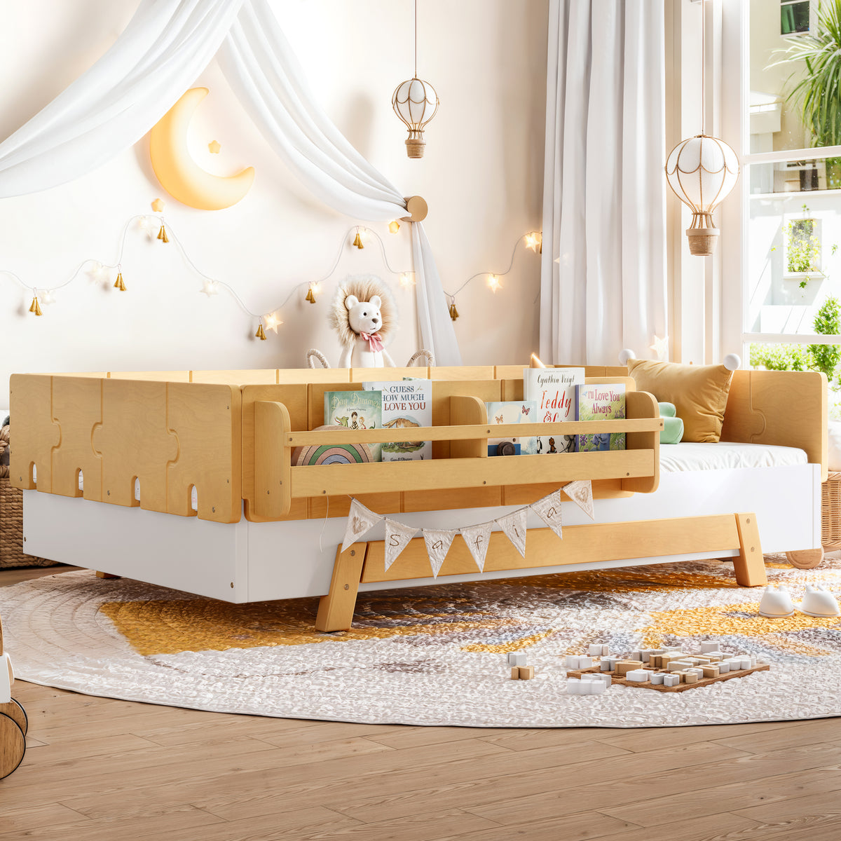 NYBOPAVIS Twin Size Floor Bed with Slats and Safety Guardrail, Montessori Floor Bed with Fence and Door, Easy Assemble Montessori Beds, White & Natural