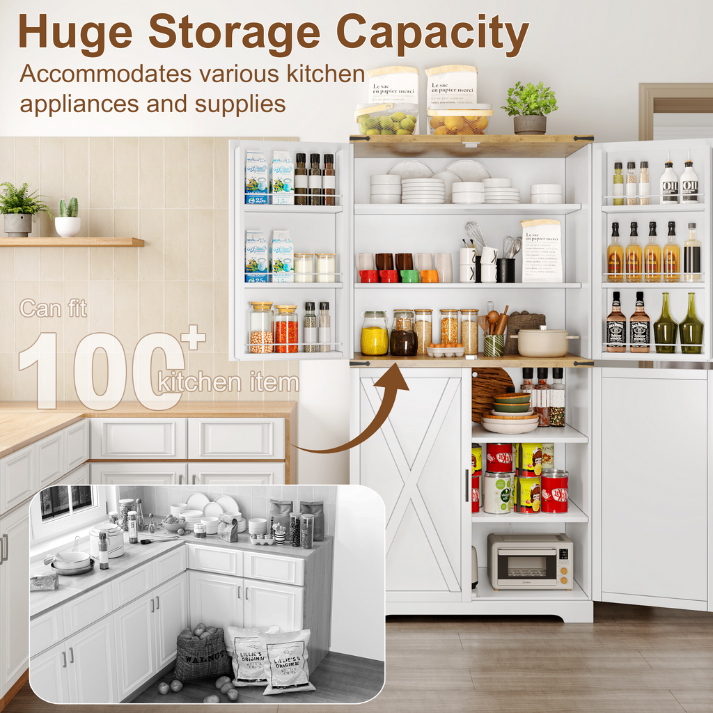 72.8'' Tall Kitchen Pantry Cabinet with 4 Barn Doors,Wood Storage Cabinet with Adjustable Shelves for Dining Room Living Room, White