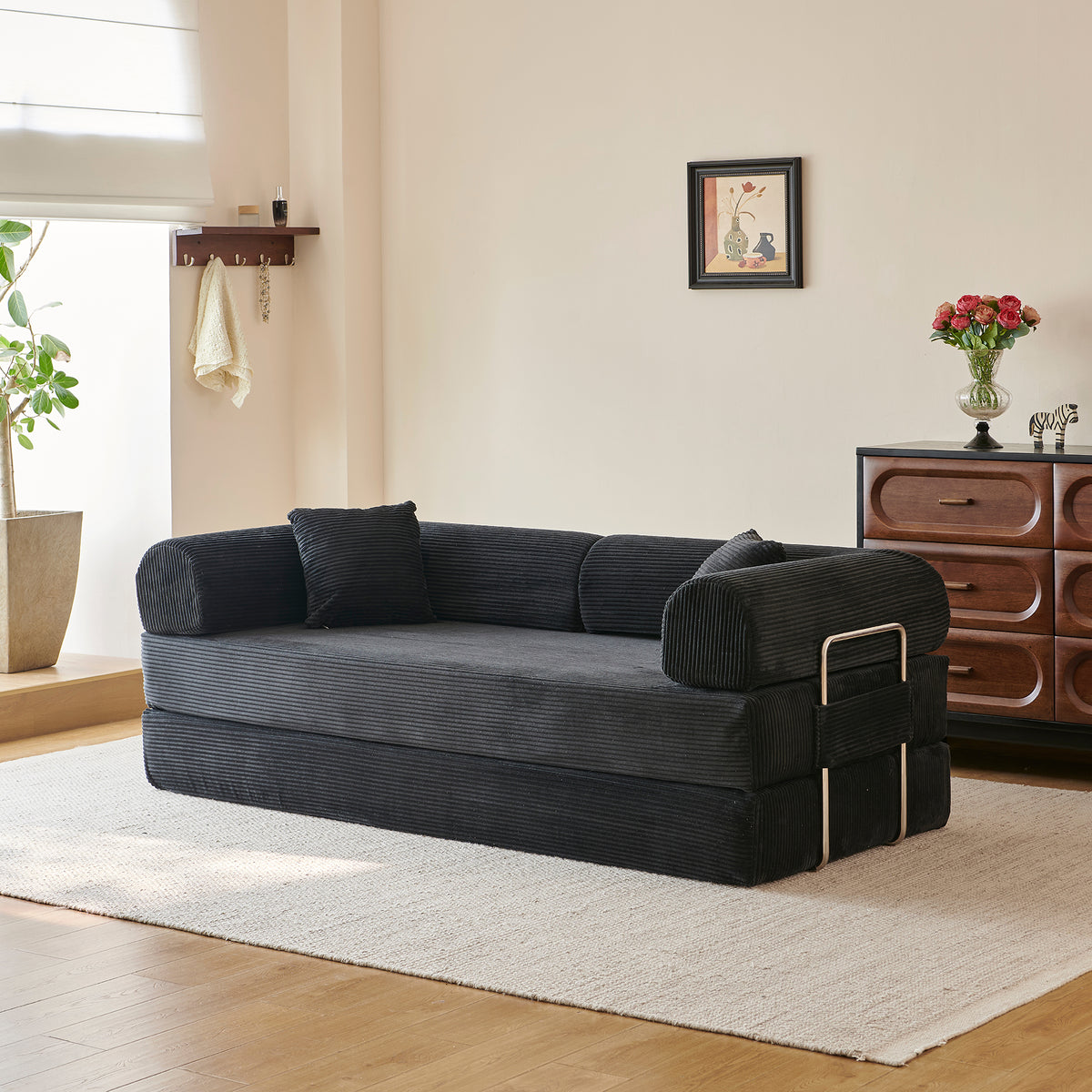 Compressed Convertible Floor Sofa Bed, Boneless Modular Sectional Futon Couch with Pillow Back & Armrest, Corduroy Fabric Loveseat for Living Room Bedroom, Black