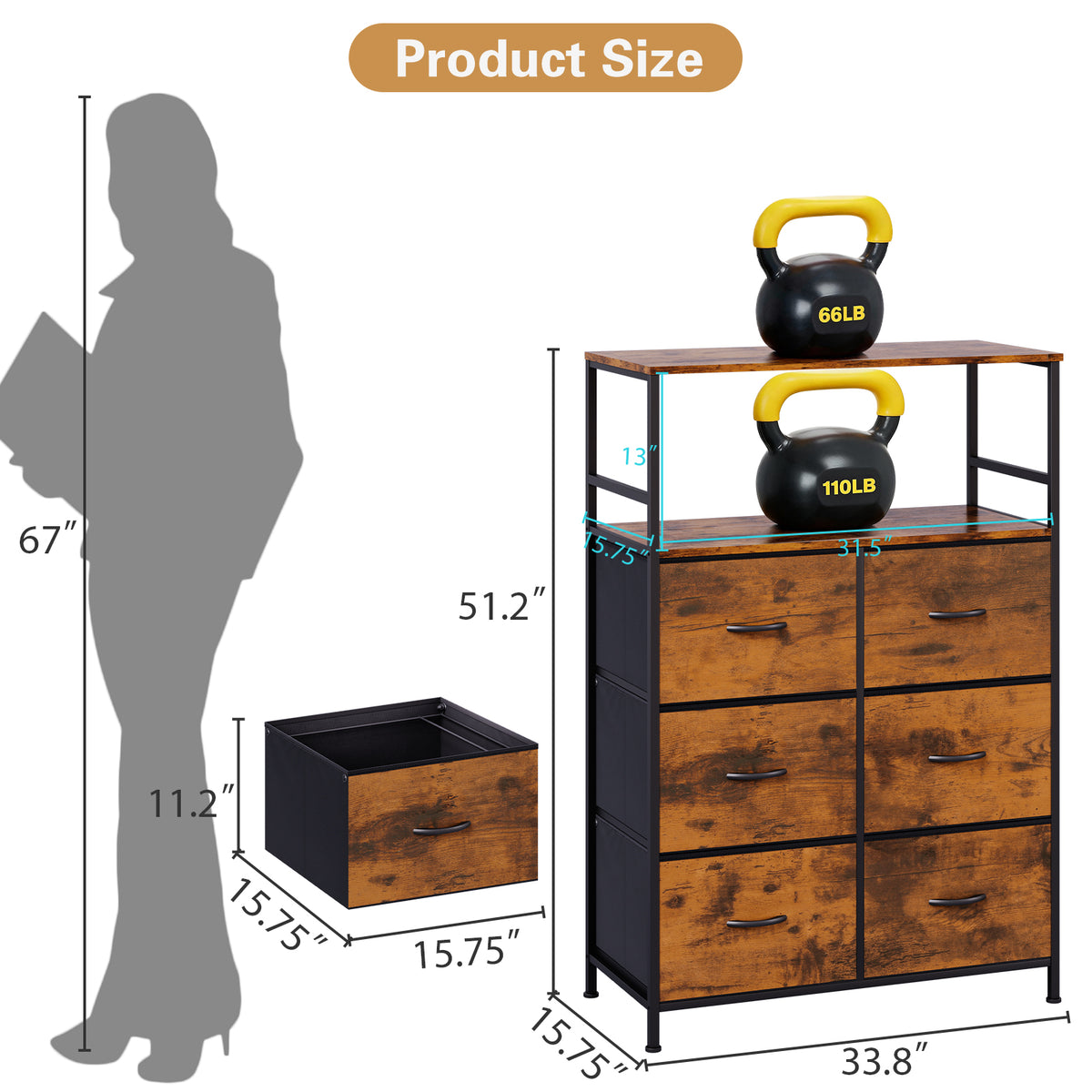 File Storage Cabinet with Adjusted Size 6 Drawers,4 Wheels Vertical Wood File Cabinet for Hanging A4/F4/Letter/Legal Rustic Brown