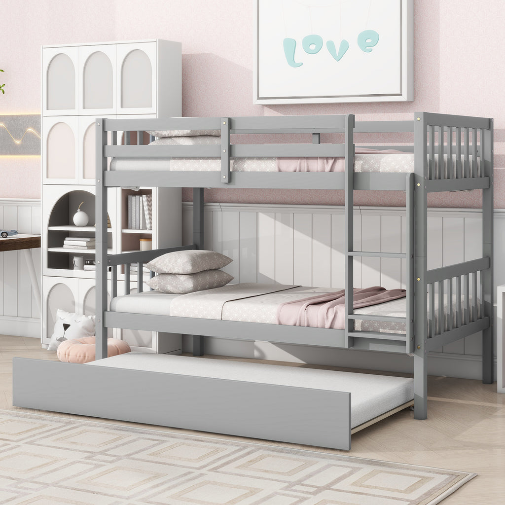 Twin Bunk Bed with Pull-Out Trundle, Convertible Bunk Bed to 2 Single Beds, Solid Wood Bed Frame with Ladder & Guardrail, Grey