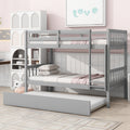 Twin Bunk Bed with Pull-Out Trundle, Convertible Bunk Bed to 2 Single Beds, Solid Wood Bed Frame with Ladder & Guardrail, Grey