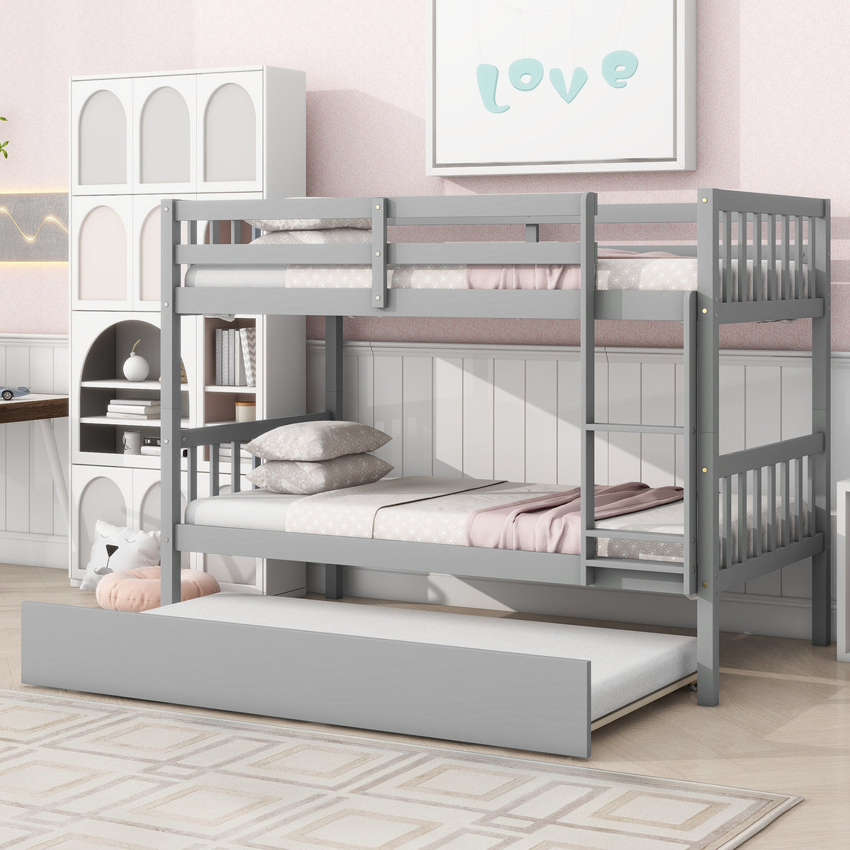 Twin Bunk Bed with Pull-Out Trundle, Convertible Bunk Bed to 2 Single Beds, Solid Wood Bed Frame with Ladder & Guardrail, Grey