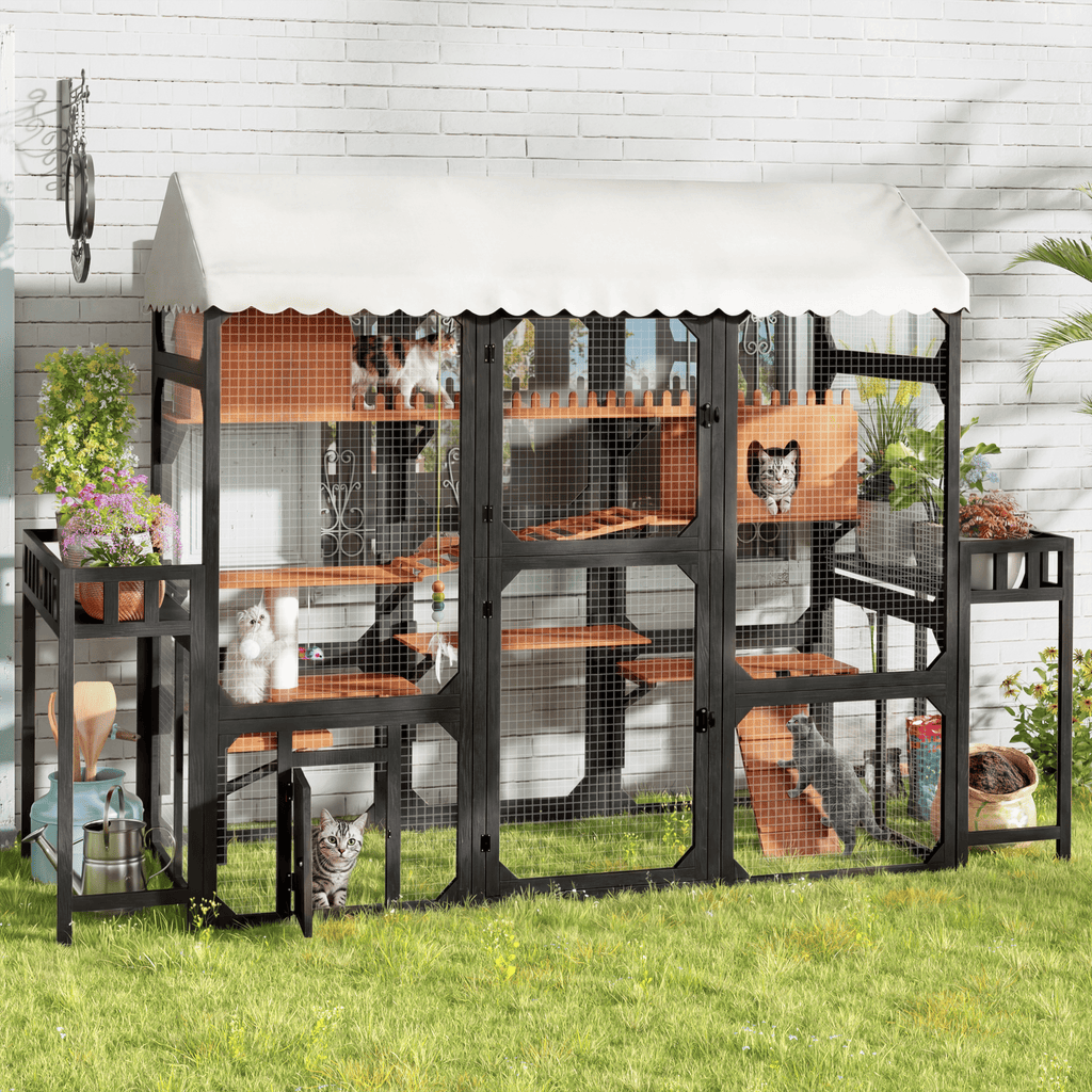 Large Wooden Outdoor Catio, Multi‑Level Cat Playpen Enclosure with Weather‑Resistant Roof, 2 Plant Stands, Resting Box, Climbing Ramps & Wire Mesh for Backyard Patio, Black