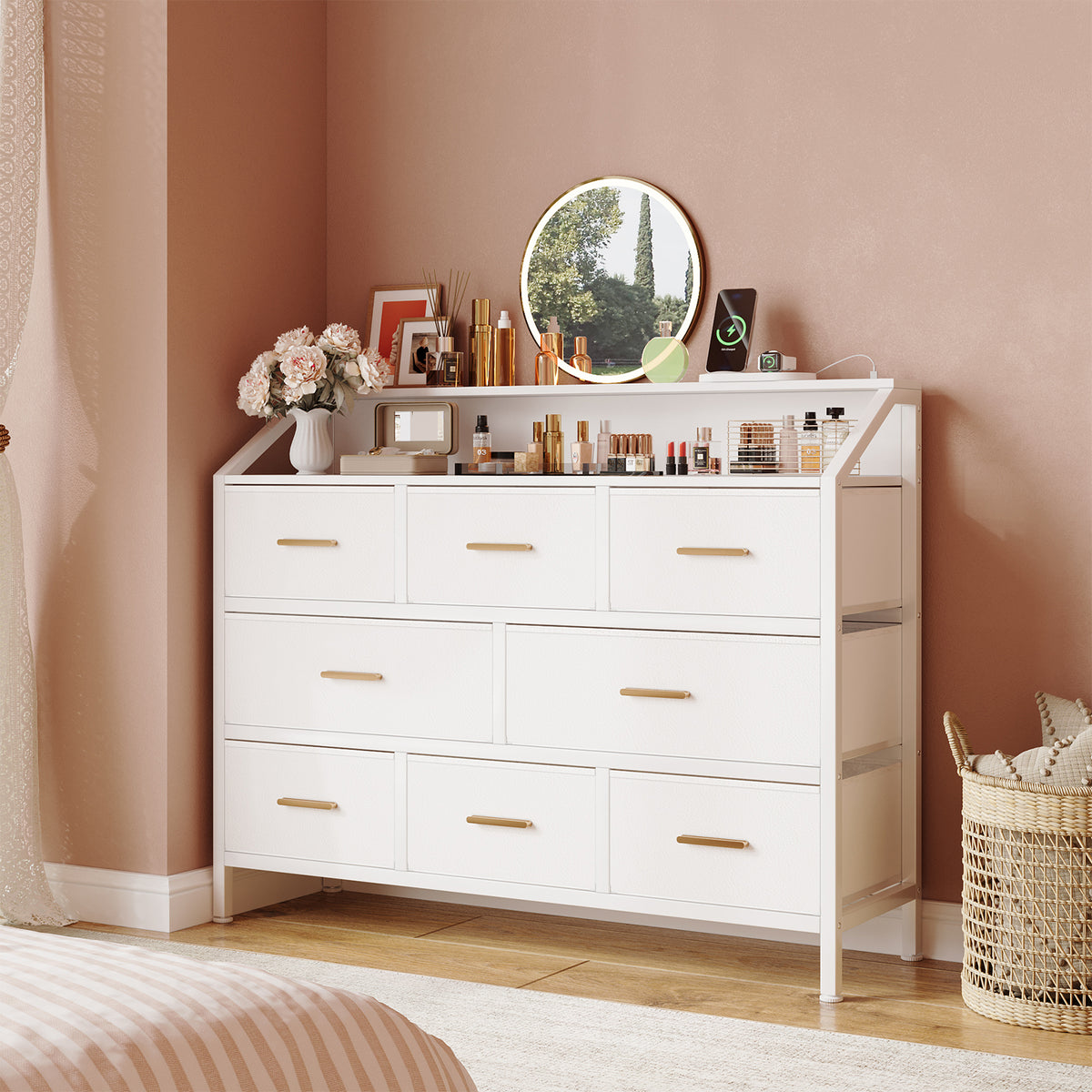 8 Drawer Dresser with LED Light & Charging Station,Retro Drawer with Storage Vanity Organizer for Bedroom, Living Room, Hallway White
