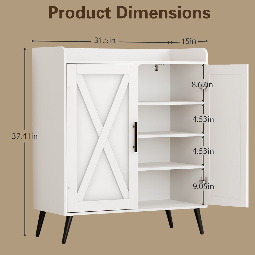 4 Tiers Shoe Storage Cabinet with doors, Adjustable Shelves, 16 Pairs Wood Shoe Rack Organizer for Hallway, Arc Anti-Collision Corner, White