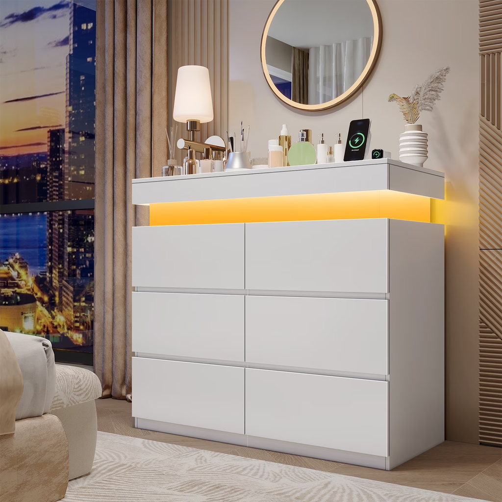 NYBOPAVIS 6 Drawer Dresser with Led Lights, 39" Wide White Wooden Dresser for Bedroom, Modern Chest of Drawers with Power Outlet & Flip Top Storage for Closet, Living Room, Entryway, Hallway