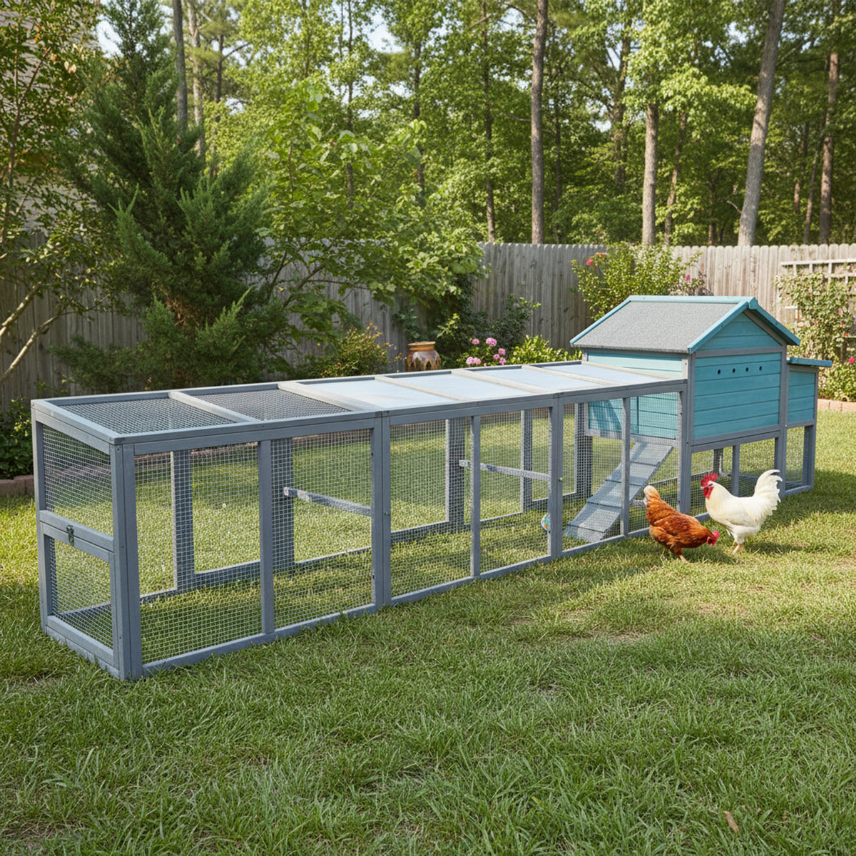 141＂Large Wooden Chicken Coop,21.2ft² Outdoor Hen House with Nesting Box,Wire Fence, Waterproof & Anti-UV Panel,Poultry Cage