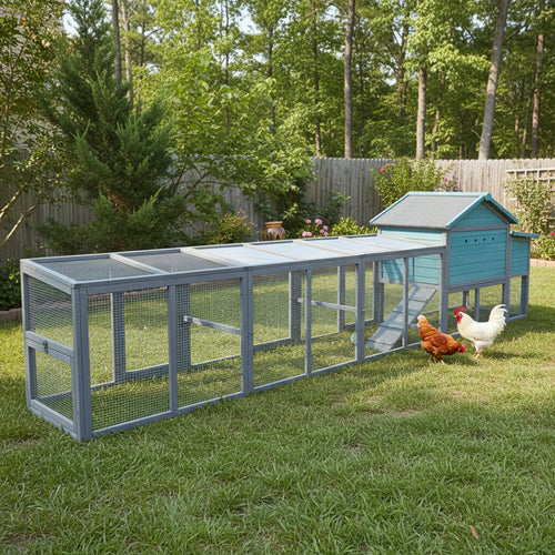 141＂Large Wooden Chicken Coop,21.2ft² Outdoor Hen House with Nesting Box,Wire Fence, Waterproof & Anti-UV Panel,Poultry Cage