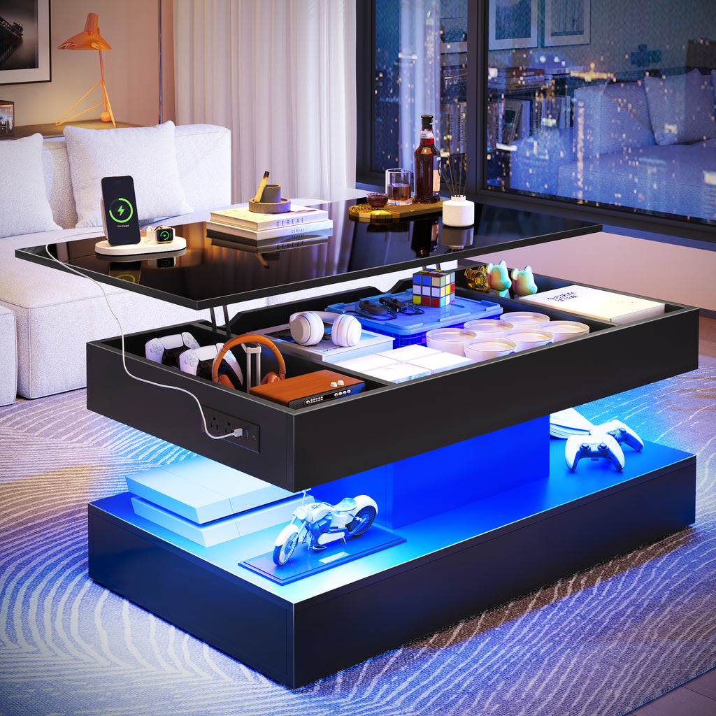 Lift Top Coffee Table with Power Outlet & LED Lights,Wooden Convertible Coffee Table with 2 Hidden Drawers for Living Room, Bedroom, Black