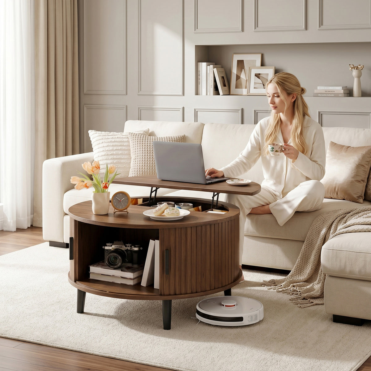 Round Lift Top Coffee Table with Hidden Storage Space Storage & Sliding Door, Mid Century Modern Wooden Center Table for Livingroom, Small Space, Small Space, Apartment, Walnut