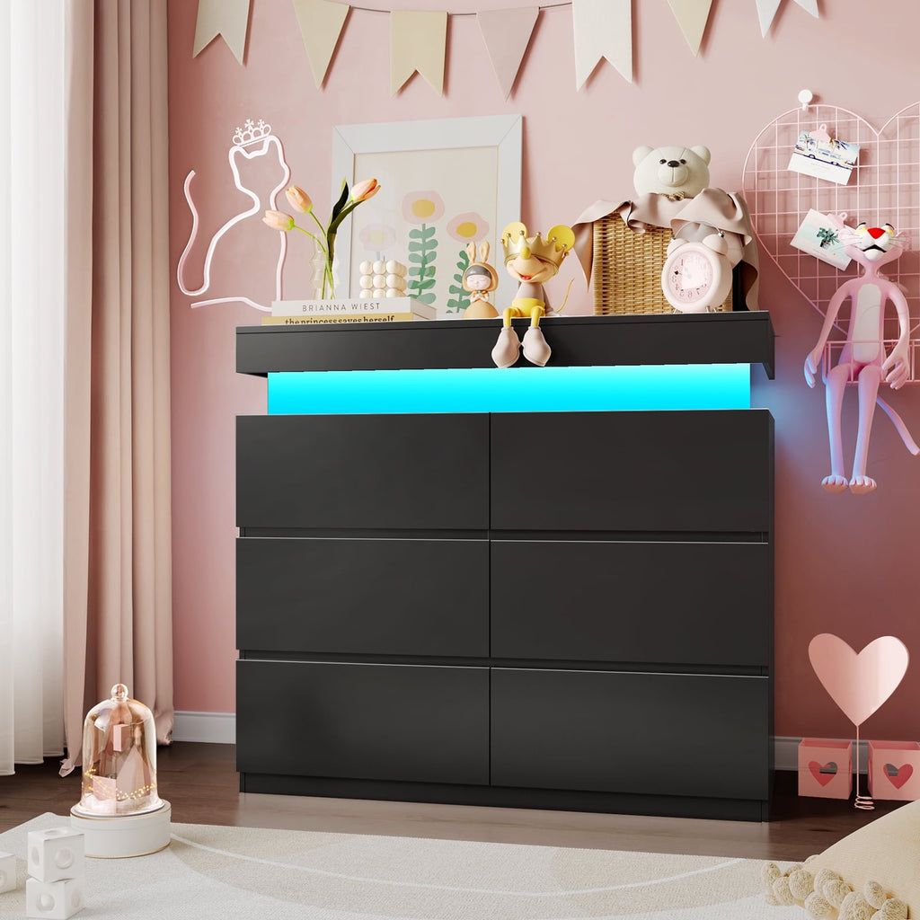NYBOPAVIS 6 Drawer Dresser for Bedroom, 39" Wide Black Wooden Dresser for Clothes, Modern Chest of Drawers with Flip Top Storage, LED Lights & Charging Station for Closet, Living Room, Entryway