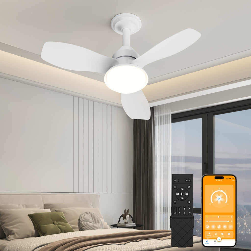 24.4" Low Profile Ceiling Fan with Light, Dimmable LED, 6-Speed & Quiet DC Motor, Remote Control, 3 Blades for Indoor/Outdoor, White