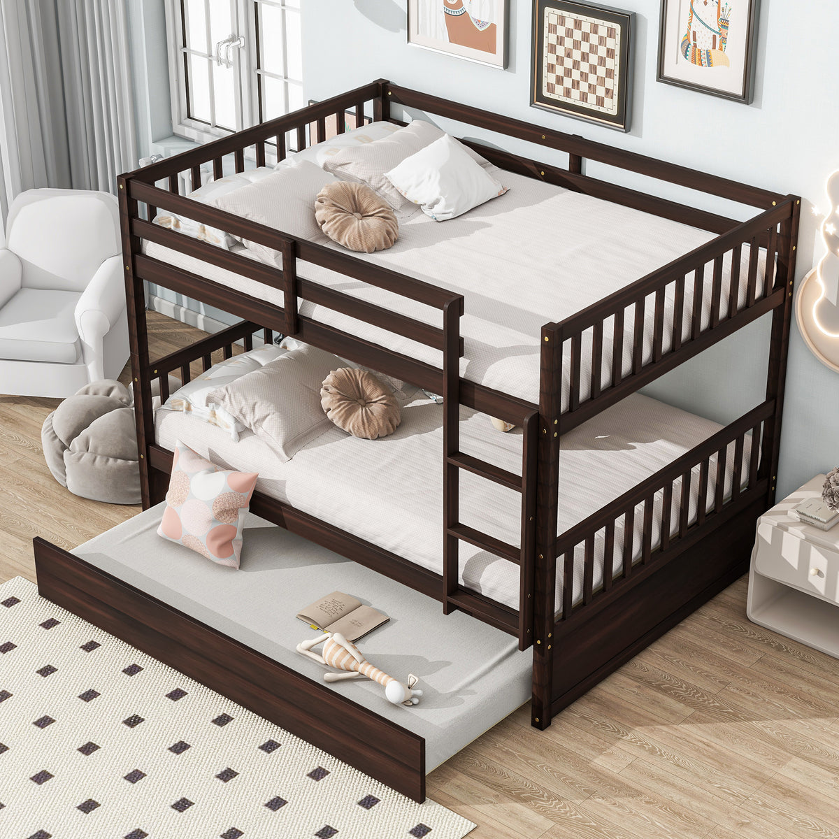 Full Bunk Bed with Pull-Out Trundle, Convertible Bunk Bed to 2 Single Beds, Solid Wood Bed Frame with Ladder & Guardrail, Espresso