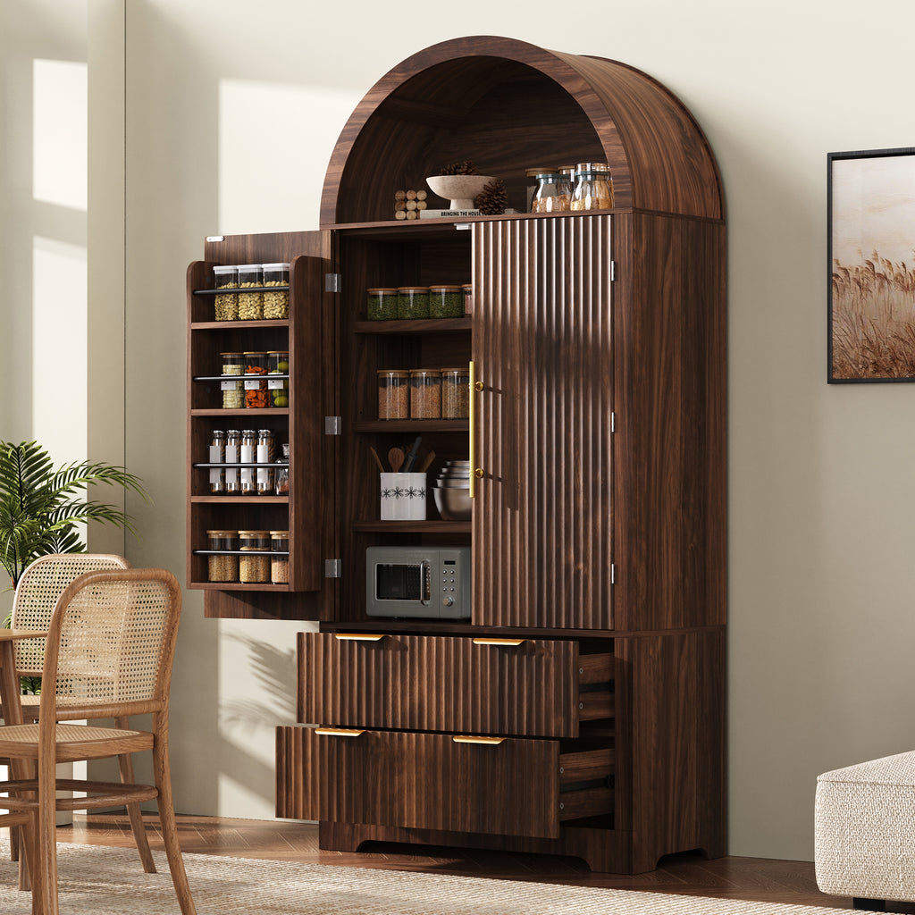NYBOPAVIS 72" Arched Pantry Storage Cabinet with 2 Fluted Wood Doors, Kitchen Organizer with 8 Doors Shelves&Adjustable Shelves, Versatile Cupboard for Kitchen Dining Room, Walnut
