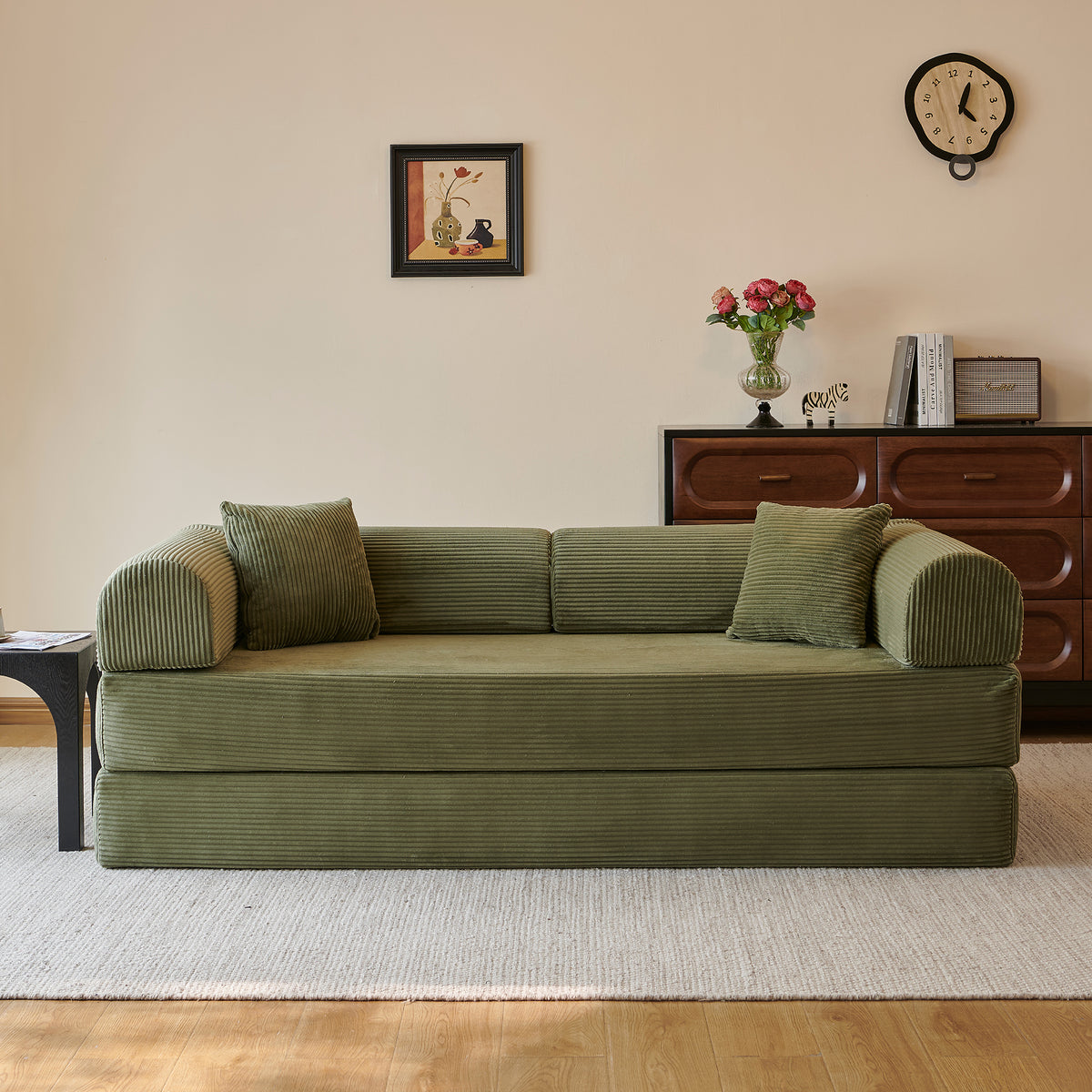 Compressed Convertible Floor Sofa Bed, Boneless Modular Sectional Futon Couch with Pillow Back & Armrest, Corduroy Fabric Loveseat for Living Room Bedroom, Green