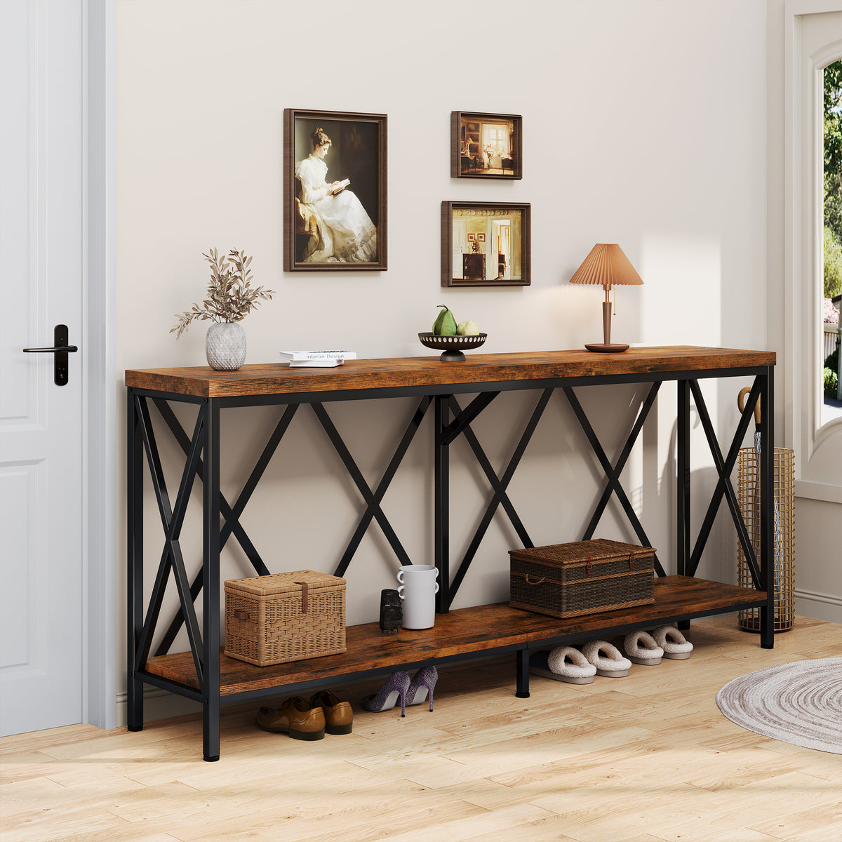 69" Modern Narrow Console Table, 2-Shelves Industrial Sofa Table, Entryway accent table with Storage, Rustic Brown, Rectangle