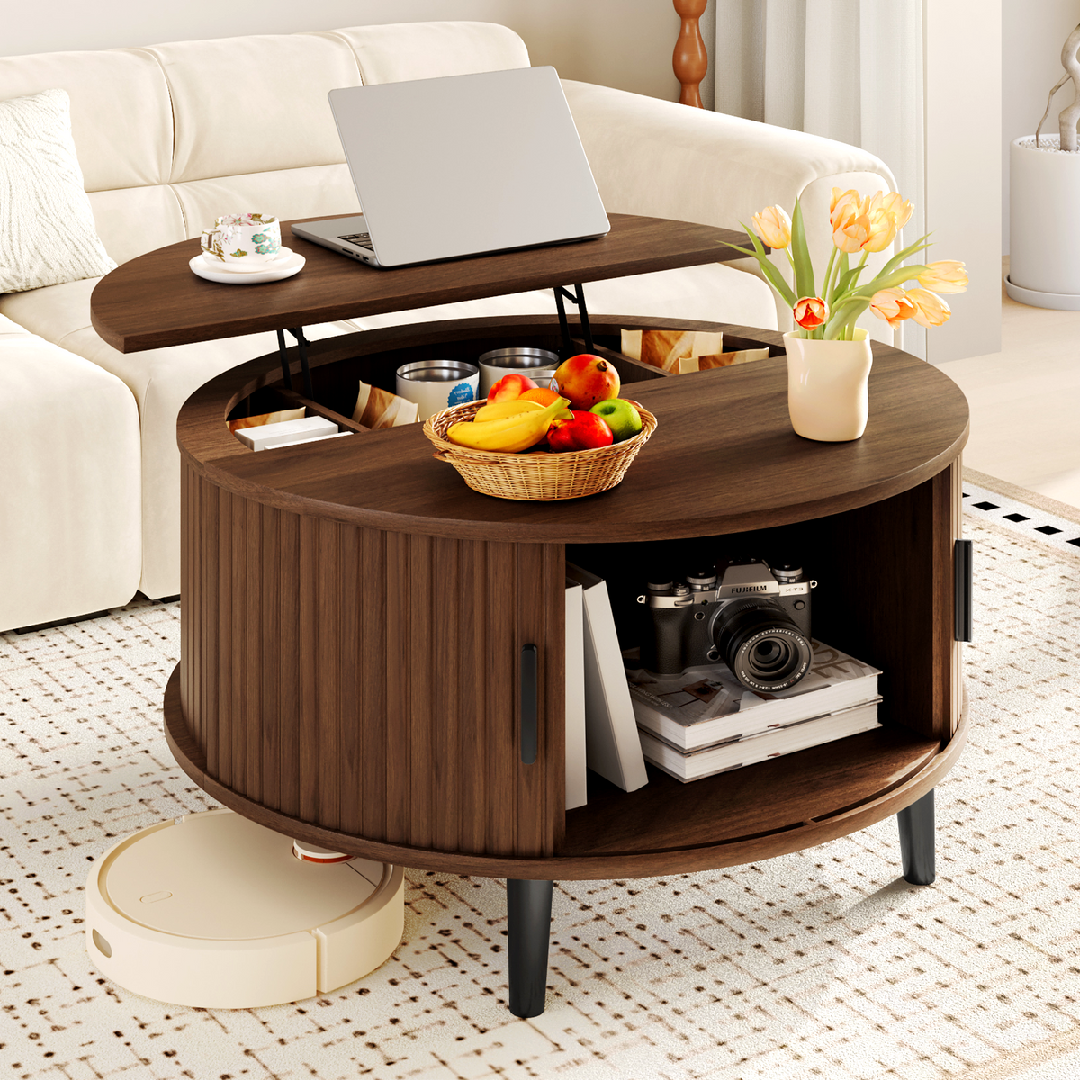 NYBOPAVIS Round Lift Top Coffee Table with Hidden Storage & Sliding Door, Mid Century Modern Wooden Center Table for Living Room, Apartment, Small Space, Walnut