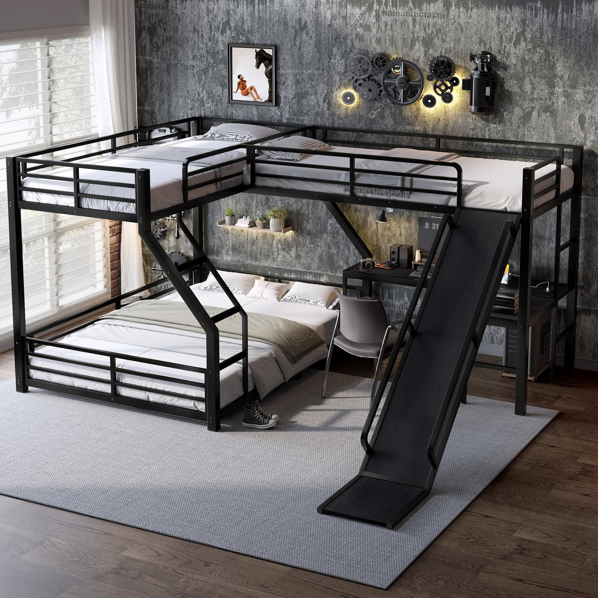 Triple Twin XL over Queen Bunk Bed Frame with LED Lights & Slide, Wooden Desk with USB Ports, Noise-Free Design, Black