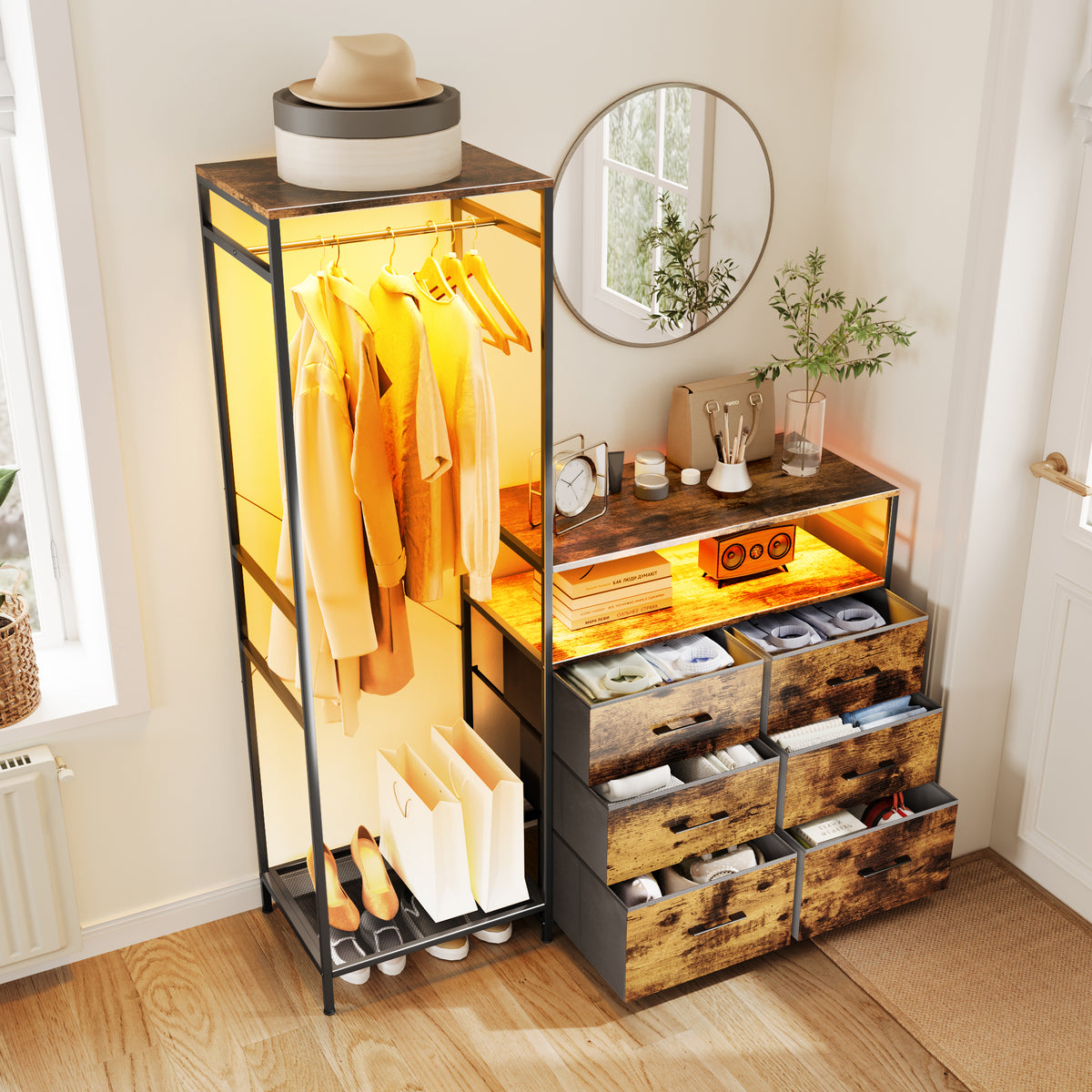 Dresser with Hanging Rack & 6 Drawers with LED Lights, Vanity Table with Drawers for Bedroom,living room,Brown