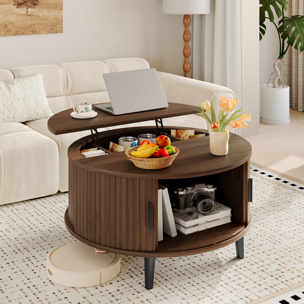 Round Lift Top Coffee Table with Hidden Storage & Sliding Door, Mid Century Modern Wooden Center Table for Living Room, Apartment, Small Space, Walnut