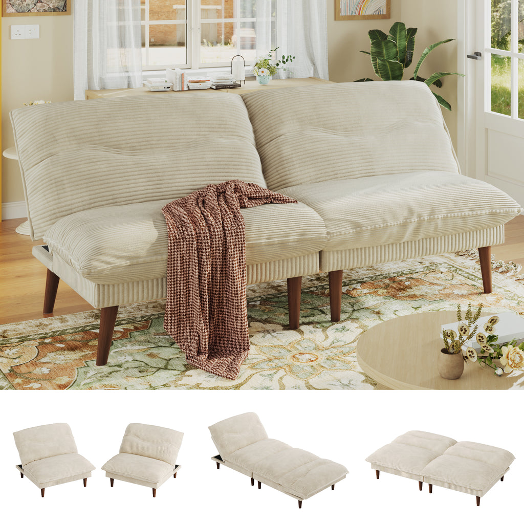 NYBOPAVIS 75" Futon, Twin Size Convertible Sleeper Sofa Bed, Corduroy Loveseat Sofa Couch for Apartment Small Space Beige