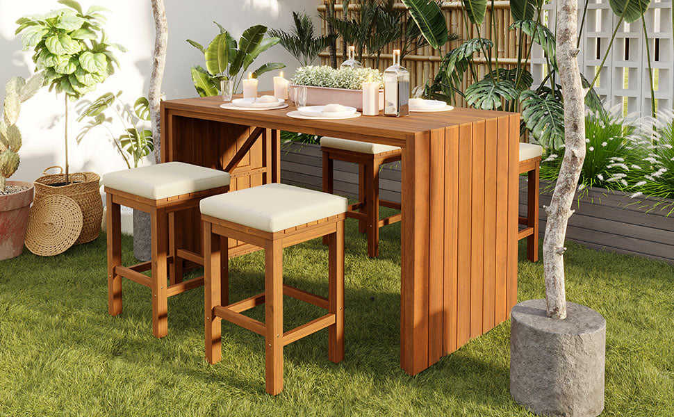NYBOPAVIS 5 Piece Outdoor Bar Set, Acacia Wood Bar Height Table & 4 Cushioned Stools, Beige Cushion Natural Wood for Backyard，Poolside，Balcony