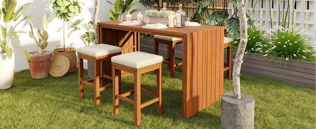 NYBOPAVIS 5 Piece Outdoor Bar Set, Acacia Wood Bar Height Table & 4 Cushioned Stools, Beige Cushion Natural Wood for Backyard，Poolside，Balcony
