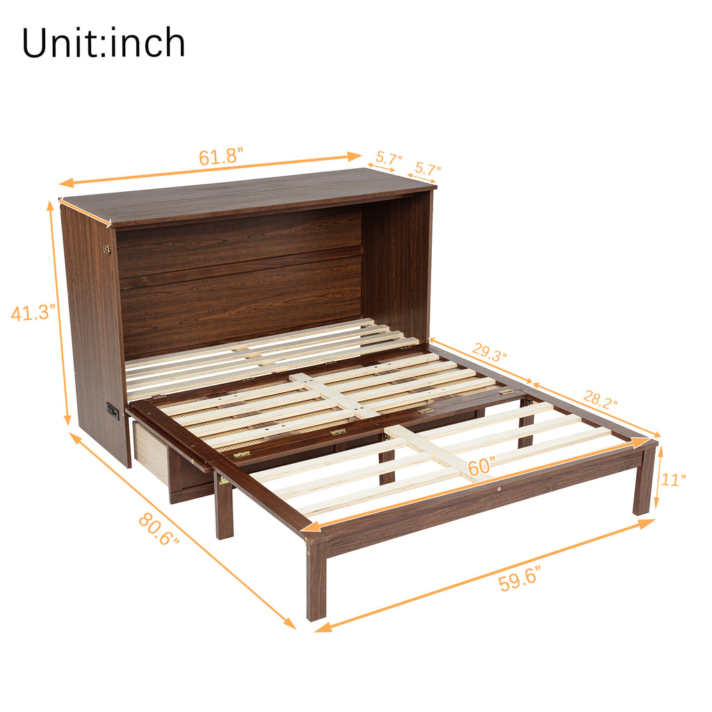 Queen Size Murphy Bed with Charging Station and 2 Storage Drawers, Pine Wood Folding Cabinet Bed, Equipped with 6 Moving Wheels, Space-Saving Hidden Wall Bed for Guest Room, Home Office,Walnut