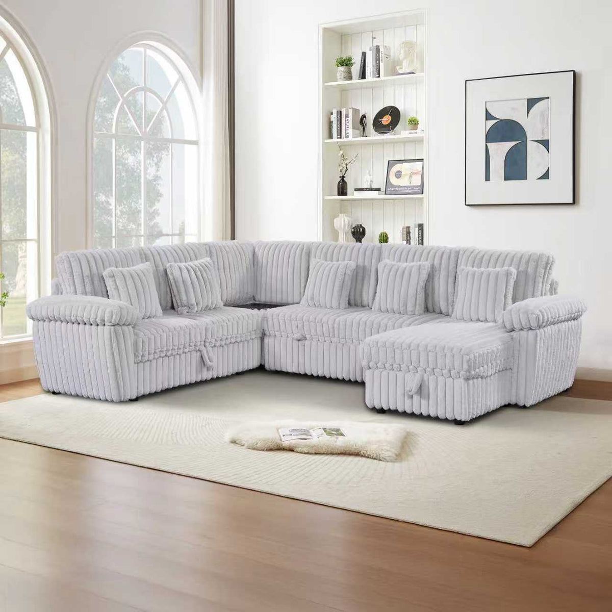 Oversize 110" Modular Sectional Sofa with USB & Cup Holder,Srorage of U shaped 6 Couches Soft Corduroy for Living Room, Apartment, Light Grayoft Corduroy Sectional Couches for Living Room, Apartment, Light Gray
