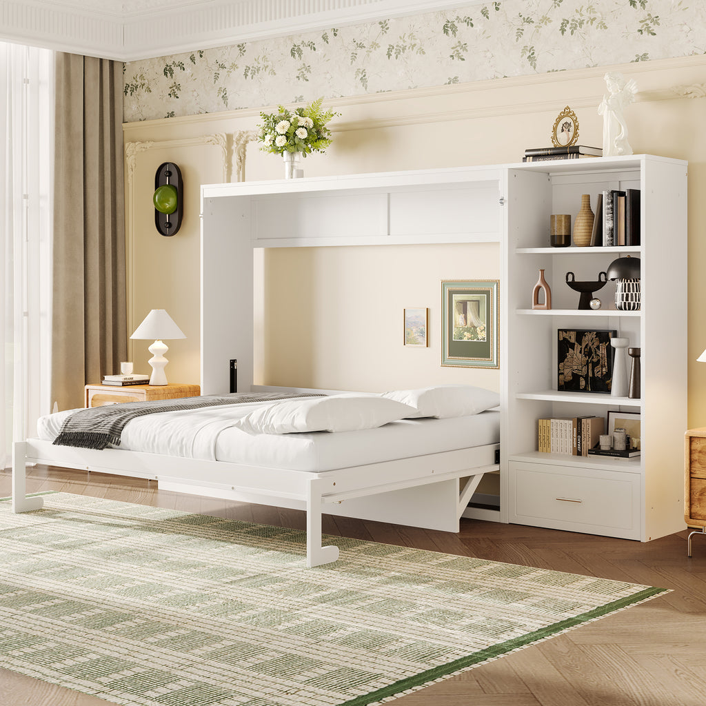 Queen Size Murphy Bed with Height Adjustable Storage Shelf & 1 Drawer, Wall Bed Multifunctional Foldable Platform Bed for Bedroom,Guest Room, White