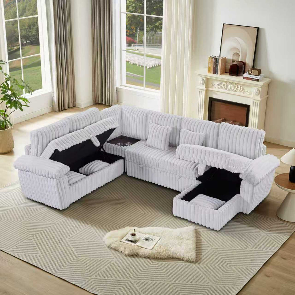 Oversize 110" Modular Sectional Sofa with USB & Cup Holder,Srorage of U shaped 6 Couches Soft Corduroy for Living Room, Apartment, Light Grayoft Corduroy Sectional Couches for Living Room, Apartment, Light Gray