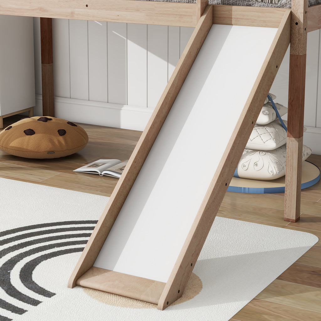 Twin Loft Bed with Slide, Solid Wood Elevated Bed Frame, Space Saving Loft Bed for Small Space Bedroom, Natural
