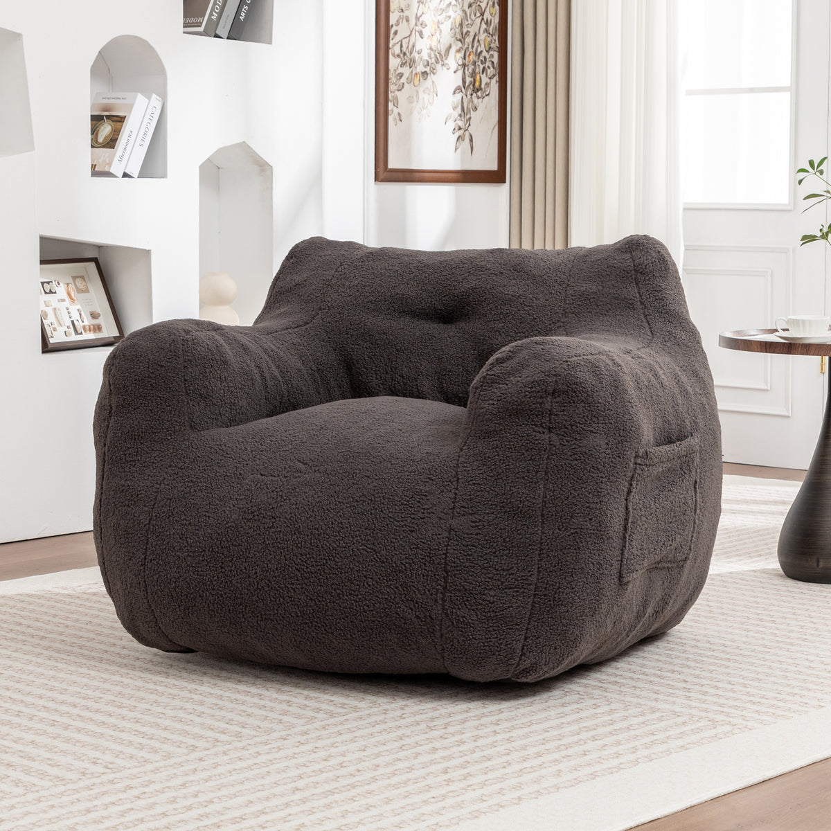 Oversized Bean Bag Chair with Side Pocket, Teddy Comfy Sofa with Arms, Removable Cover Chair for Living Room, Dark Gray