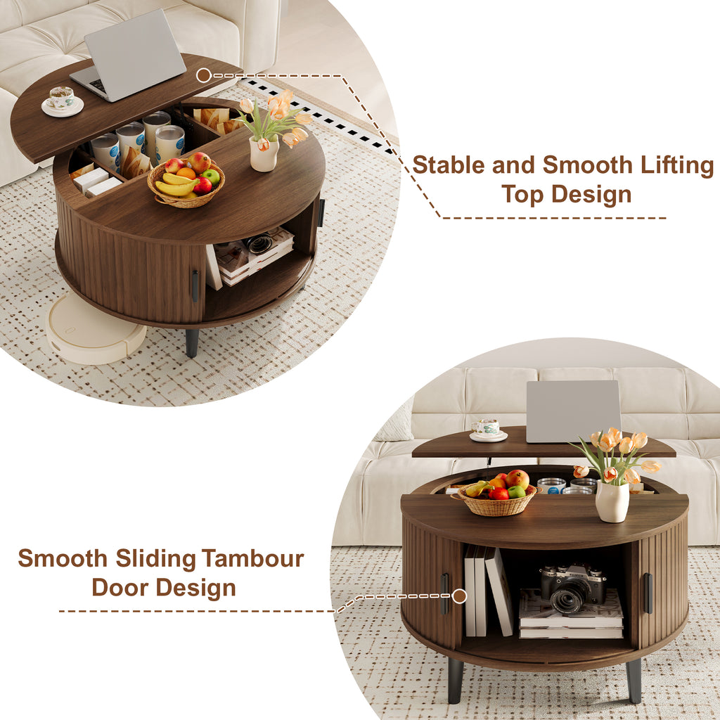 Round Lift Top Coffee Table with Hidden Storage Space Storage & Sliding Door, Mid Century Modern Wooden Center Table for Livingroom, Small Space, Small Space, Apartment, Walnut