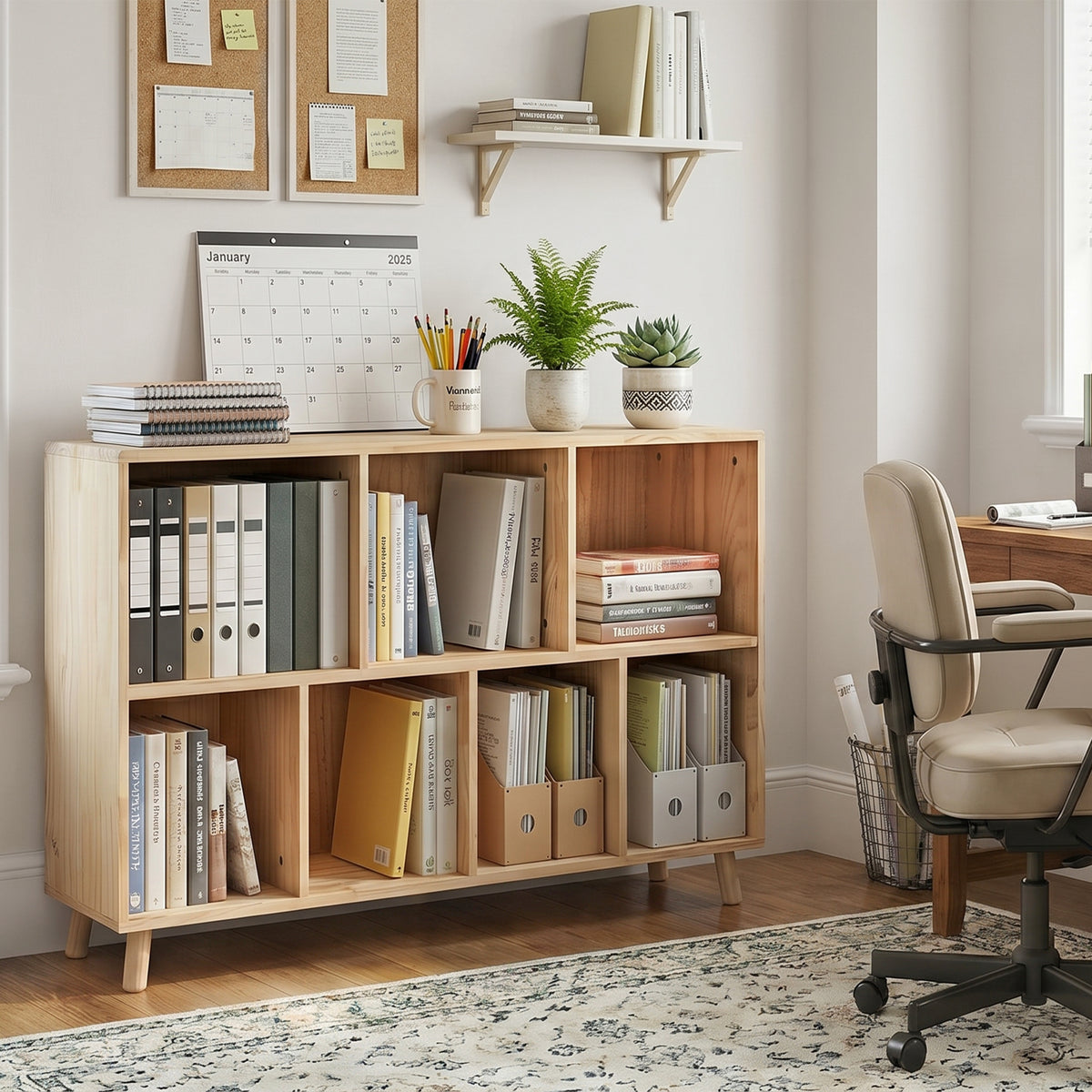 Bookshelf with 7 Cube,Pine Modern Wooden Bookcase with Storage Organizer for Home, Office, Natural