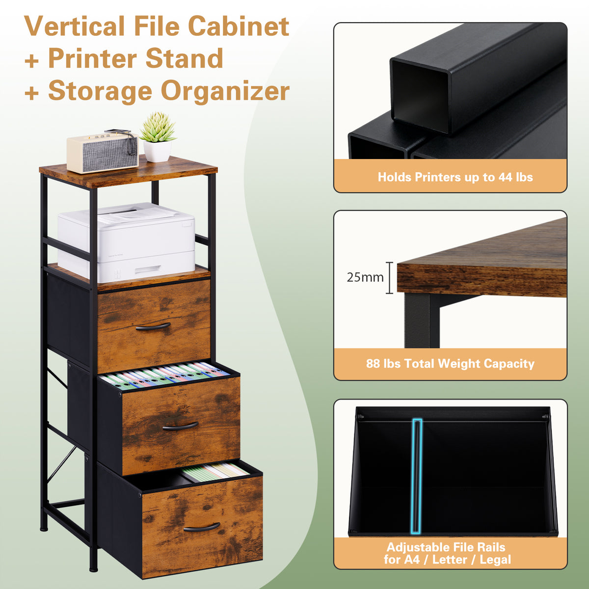File Storage Cabinet with Adjusted Size 3 Drawers, 4 Wheels Vertical Wood File Cabinet for Hanging A4/F4/Letter/Legal Rustic Brown