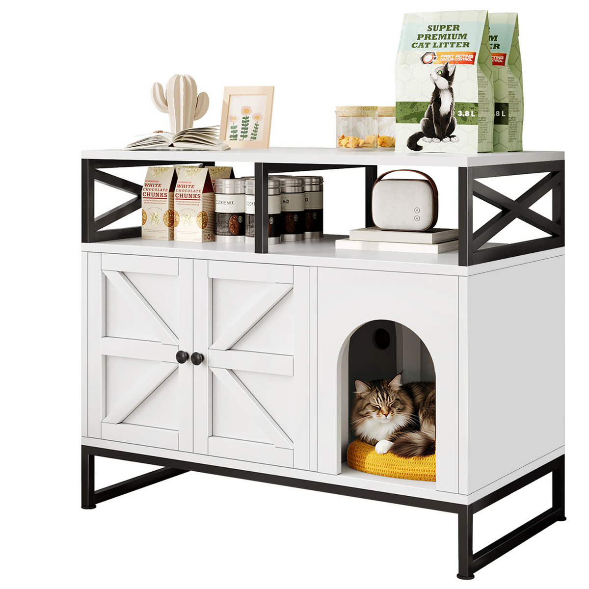Hidden Cat Litter Box Enclosure Furniture with Adjustable Shelves,Wooden Cat Litter Box Furniture for Pet Supplies White