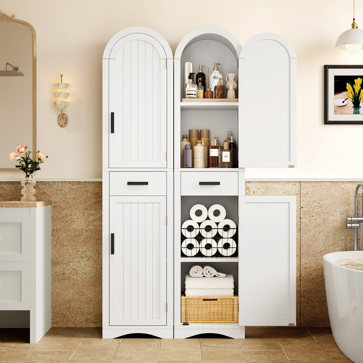 NYBOPAVIS 73" Tall Bathroom Storage Cabinets with Adjustable Shelves, Drawers & Doors, Bathroom Storage Tower for Small Spaces, White