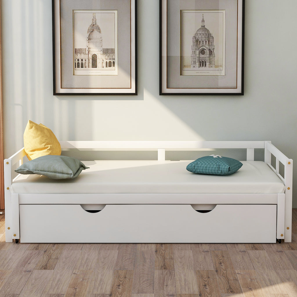 Wooden Daybed with Trundle,Multi-functional Extending Daybed, Box Spring Needed, for Living Room Bedroom, White
