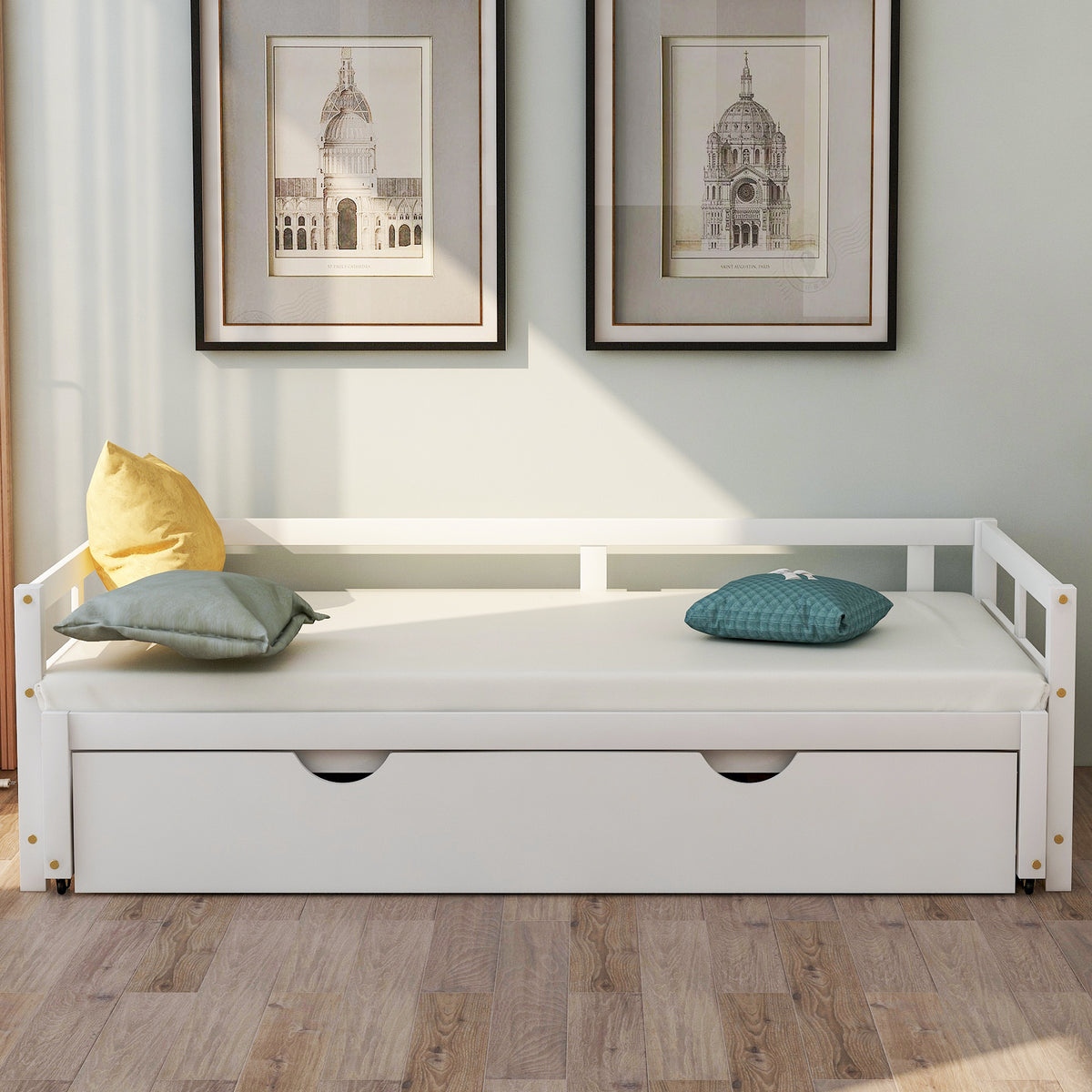 Wooden Daybed with Trundle,Multi-functional Extending Daybed, Box Spring Needed, for Living Room Bedroom, White