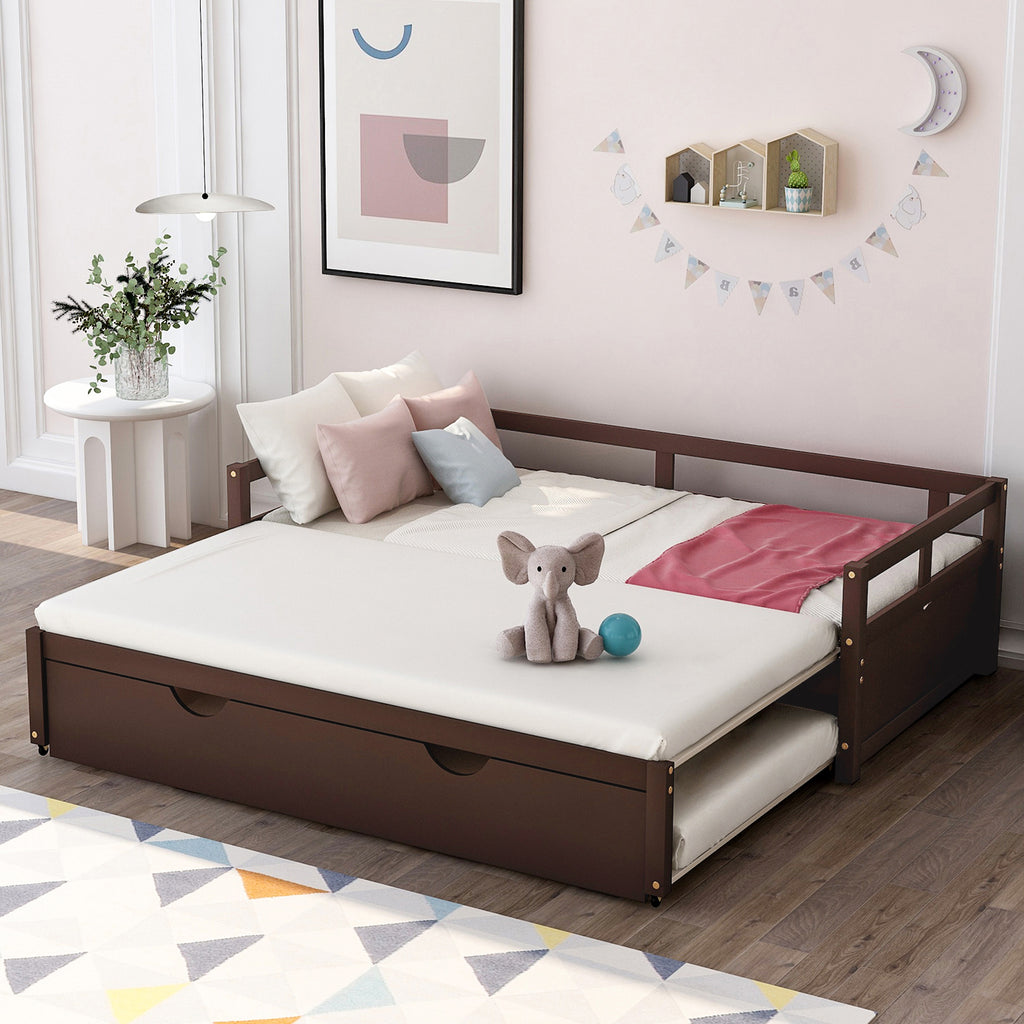 Wooden Daybed with Trundle,Multi-functional Extending Daybed, Box Spring Needed, for Living Room Bedroom, Espresso
