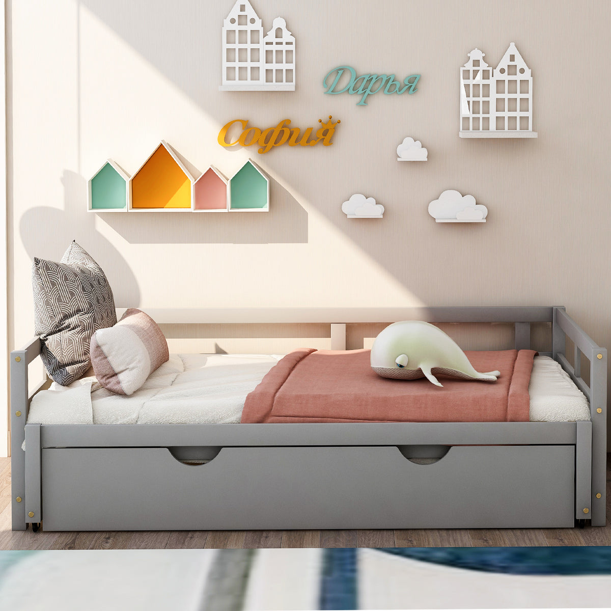 Wooden Daybed with Trundle,Multi-functional Extending Daybed, Box Spring Needed, for Living Room Bedroom, Gray