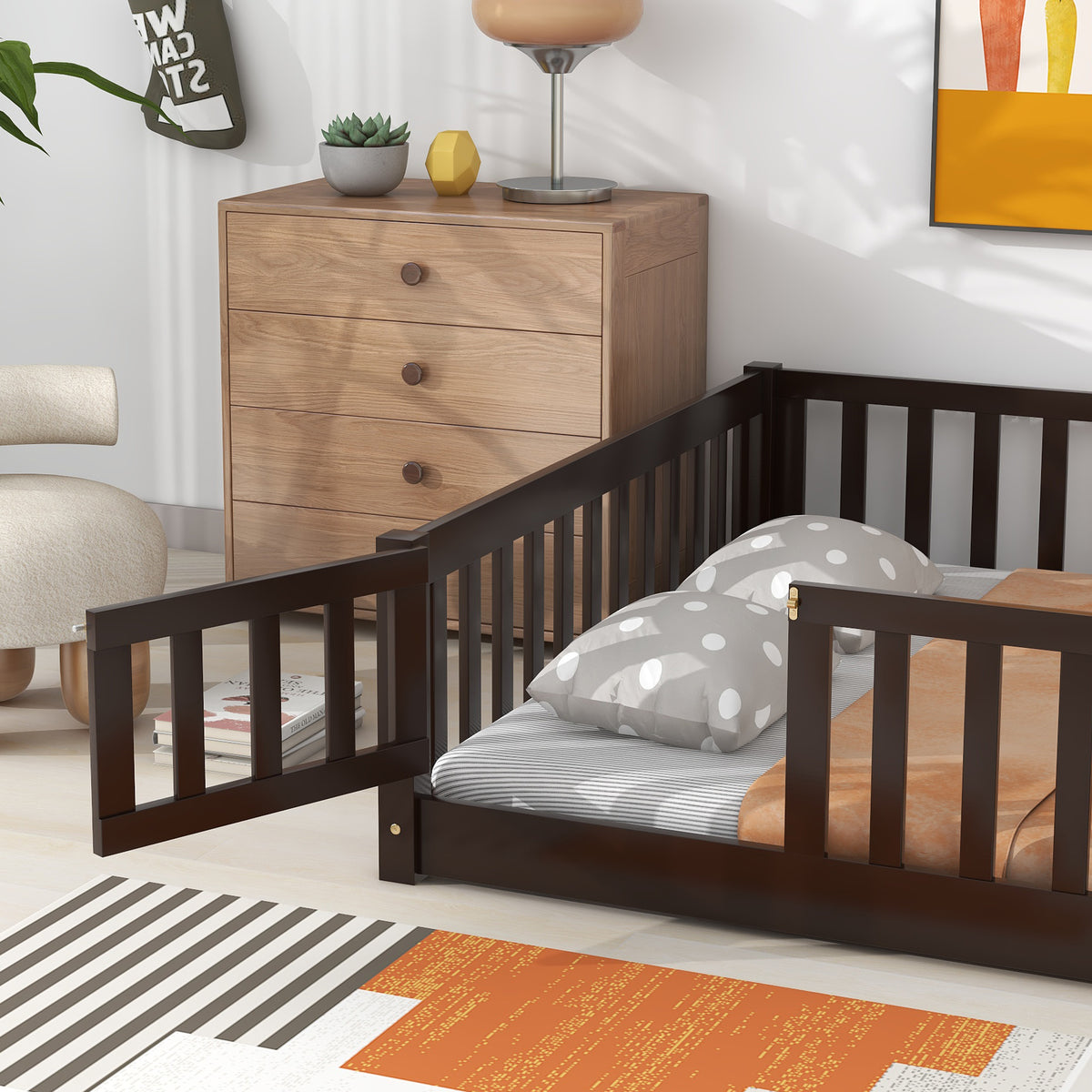 NYBOPAVIS Full Size Floor Bed with Fence&Door,Rubber Wood Floor Bed with Safety Guardrails, Montessori Bed Boys, Girls,Espresso