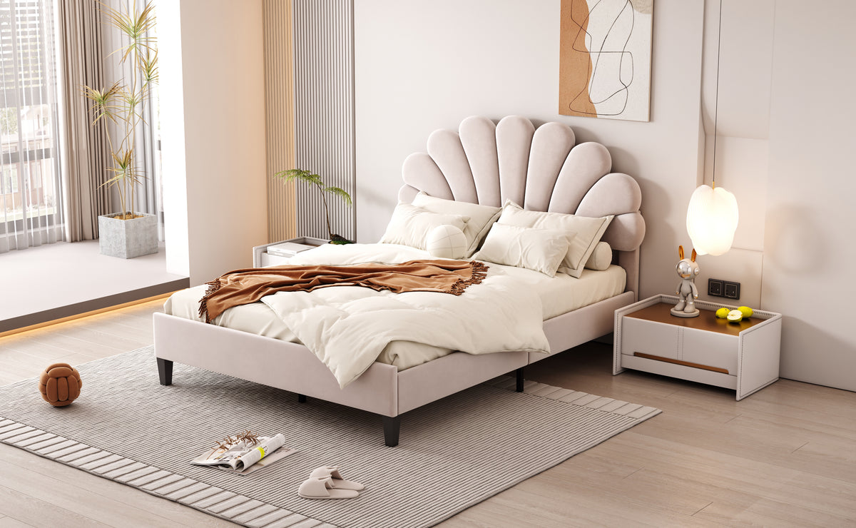 Full Size Upholstered Platform Bed with Flower Pattern Velvet Headboard, Beige