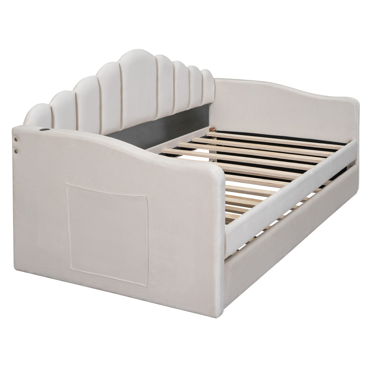 NYBOPAVIS Twin size Upholstered Daybed Bed with USB Charging Ports & Trundle,Velvet Daybed Frame with 2 Side Pockets for Bedroom,Living Room,Beige