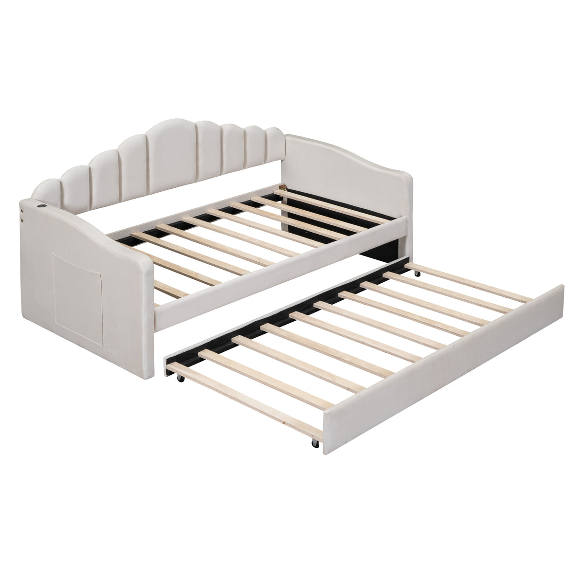 NYBOPAVIS Twin size Upholstered Daybed Bed with USB Charging Ports & Trundle,Velvet Daybed Frame with 2 Side Pockets for Bedroom,Living Room,Beige