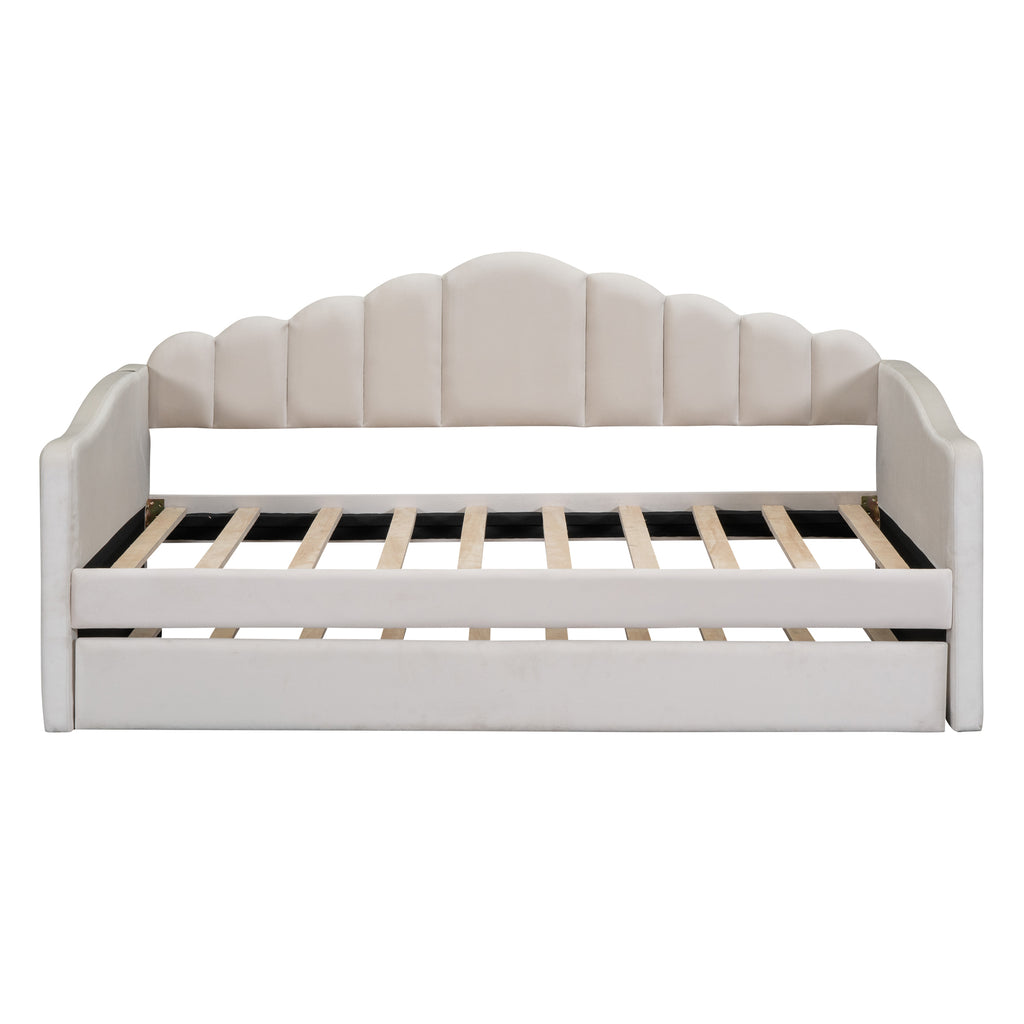 NYBOPAVIS Twin size Upholstered Daybed Bed with USB Charging Ports & Trundle,Velvet Daybed Frame with 2 Side Pockets for Bedroom,Living Room,Beige