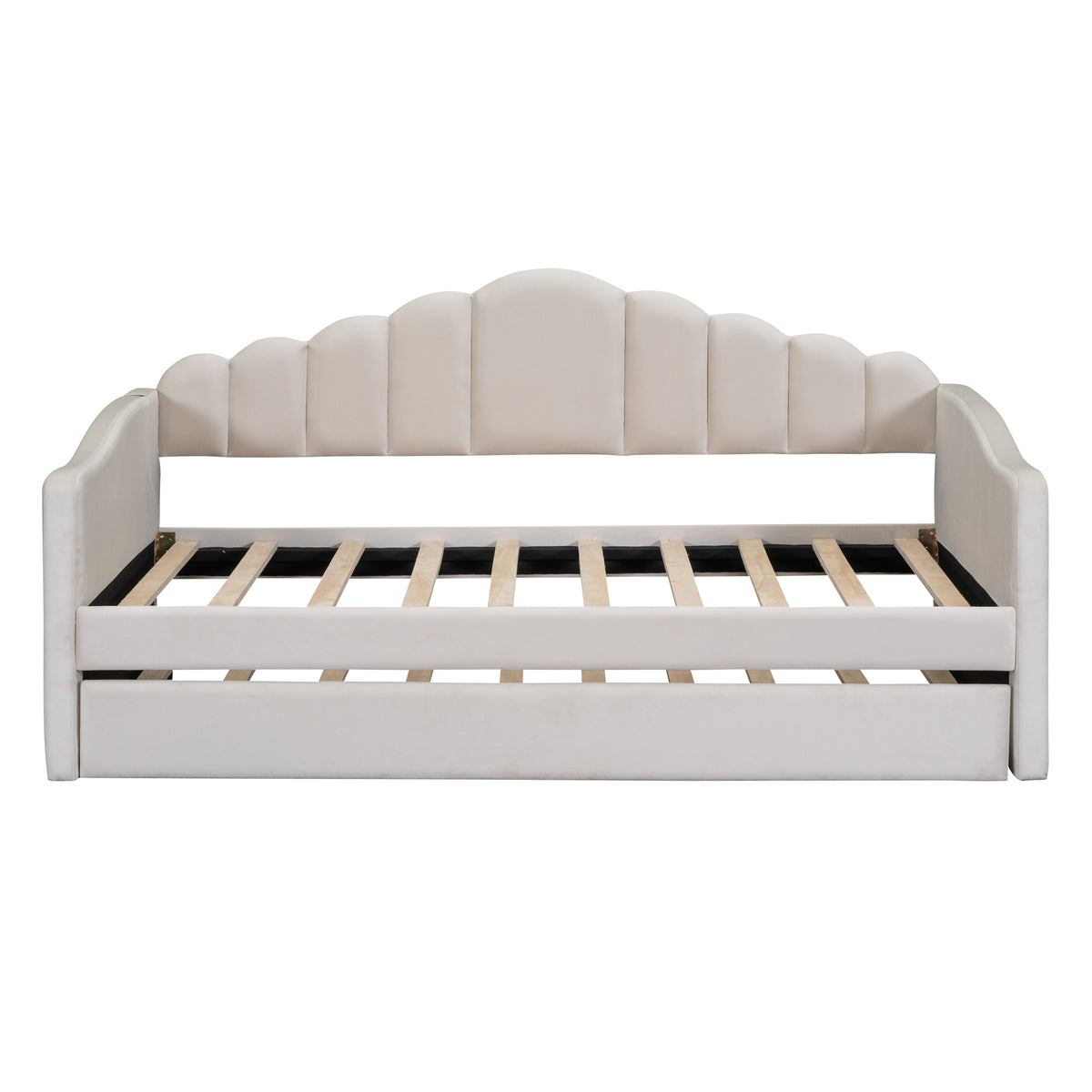 NYBOPAVIS Twin size Upholstered Daybed Bed with USB Charging Ports & Trundle,Velvet Daybed Frame with 2 Side Pockets for Bedroom,Living Room,Beige